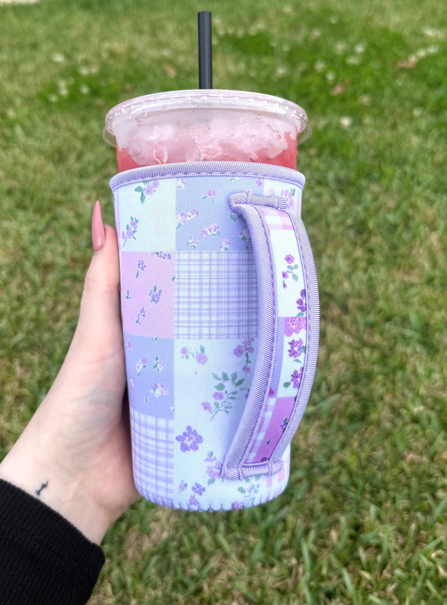 Purple Floral Patchwork Large Cup Sleeve With Handle