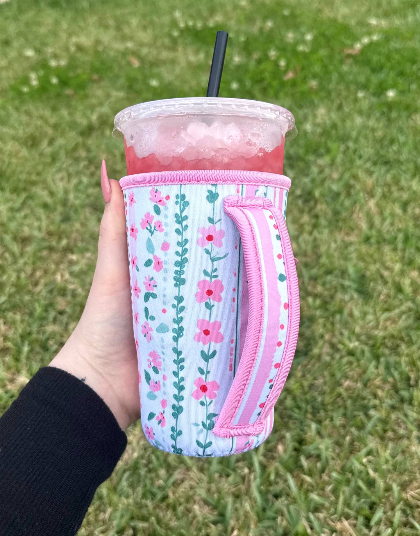 Pink Floral Large Cup Sleeve With Handle