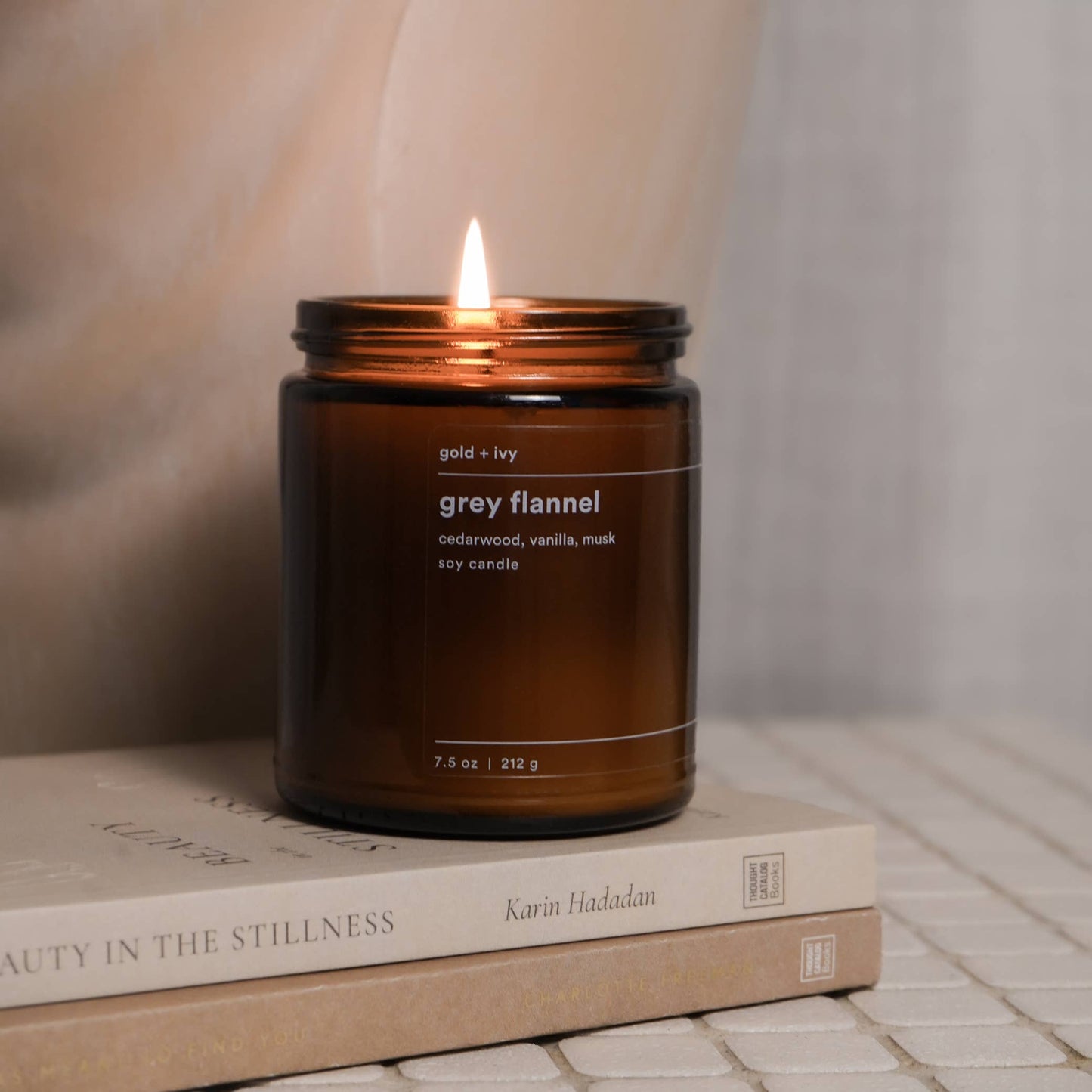 Grey flannel soy candle - cedarwood, vanilla, musk