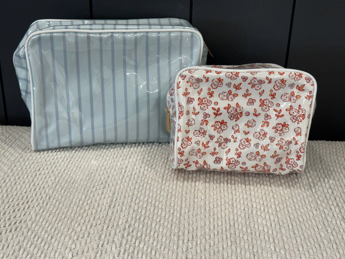 Blue Stripe Vinyl Cosmetic Bag | Embroidery & Monogram