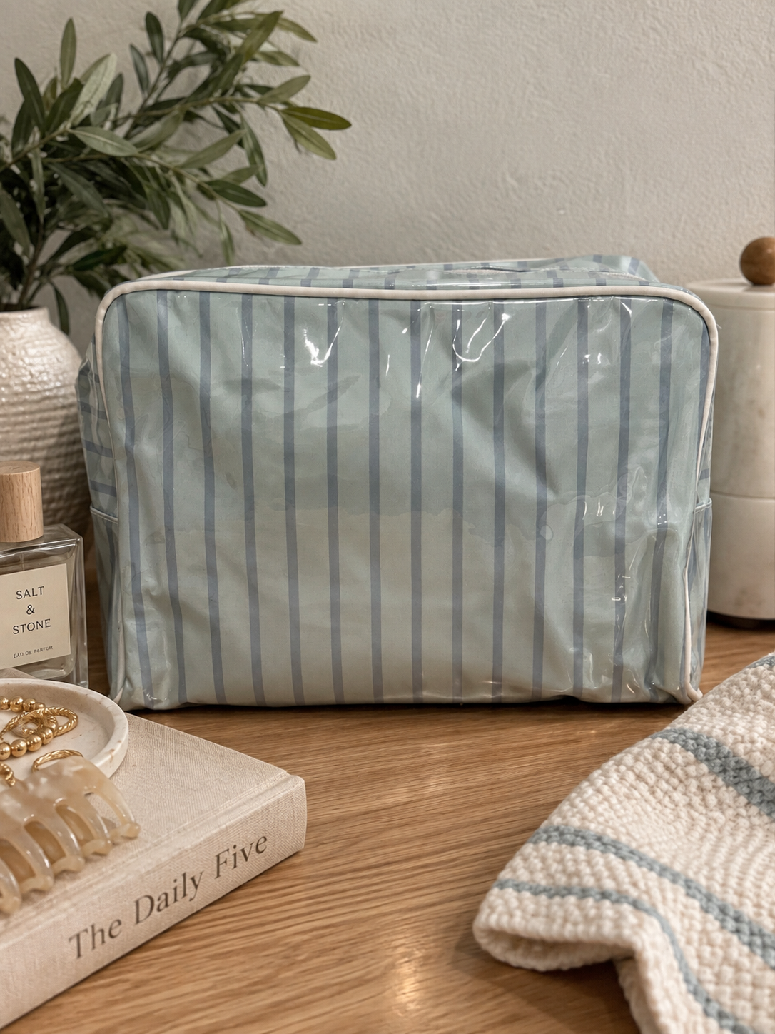 Blue Stripe Vinyl Cosmetic Bag | Embroidery & Monogram