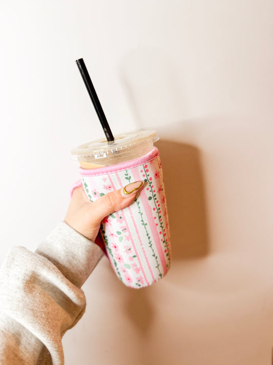 Pink Floral Large Cup Sleeve With Handle