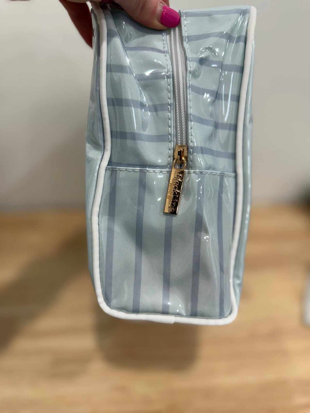 Blue Stripe Vinyl Cosmetic Bag | Embroidery & Monogram