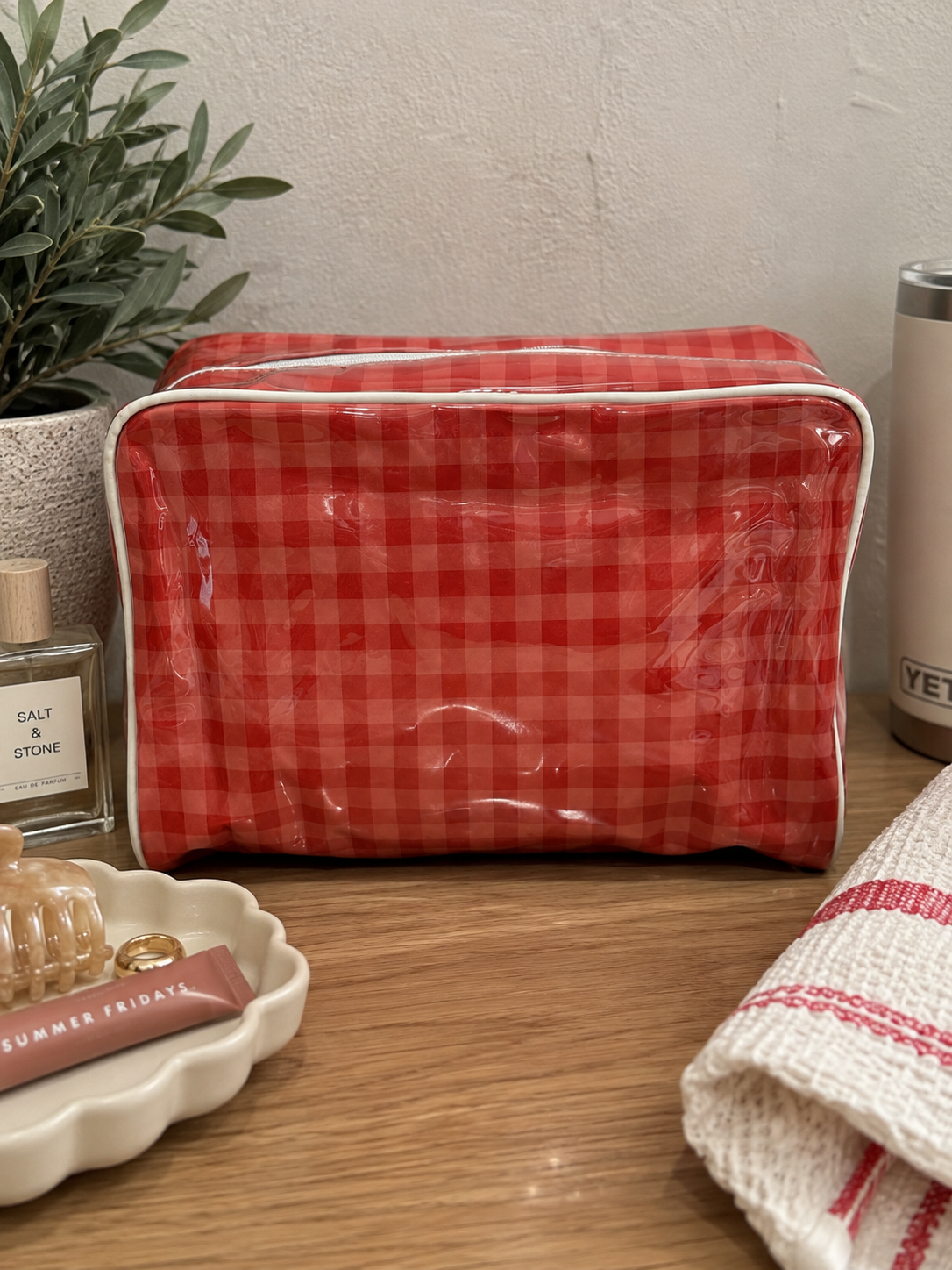 Red Gingham Vinyl Cosmetic Bag | Embroidery & Monogram