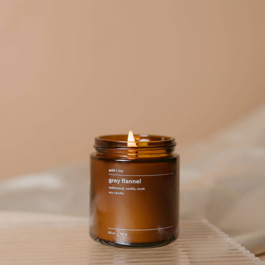 Grey flannel soy candle - cedarwood, vanilla, musk